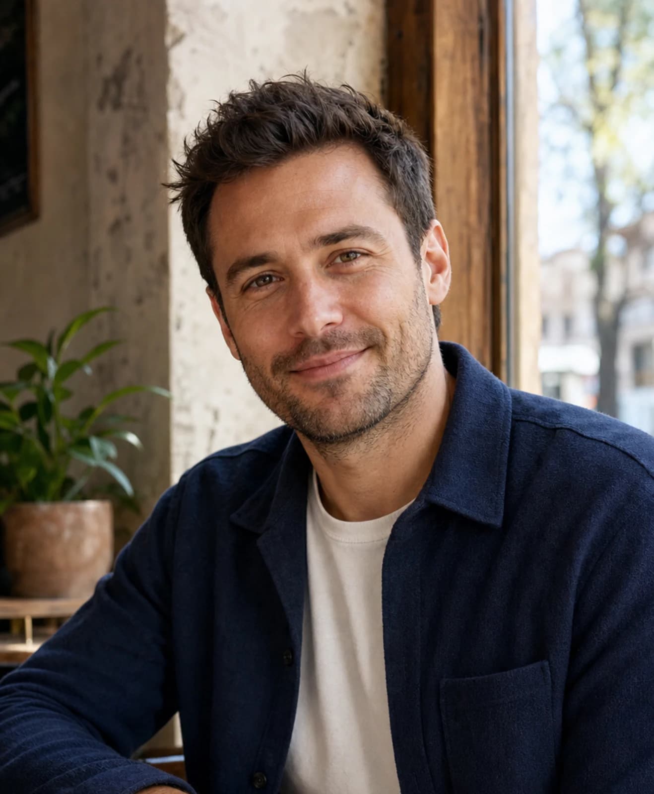 Confident man in a cozy café setting, wearing a white shirt and smiling warmly, ideal for Tinder profile photos