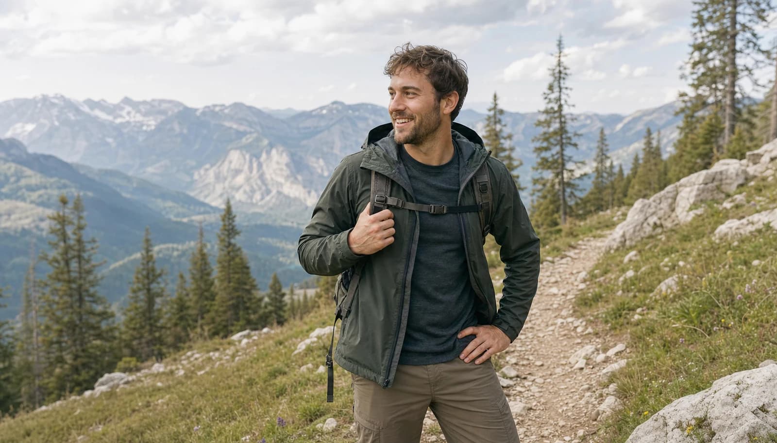A man hiking on a mountain trail, smiling at the camera, showcasing an active hobby for a dating profile
