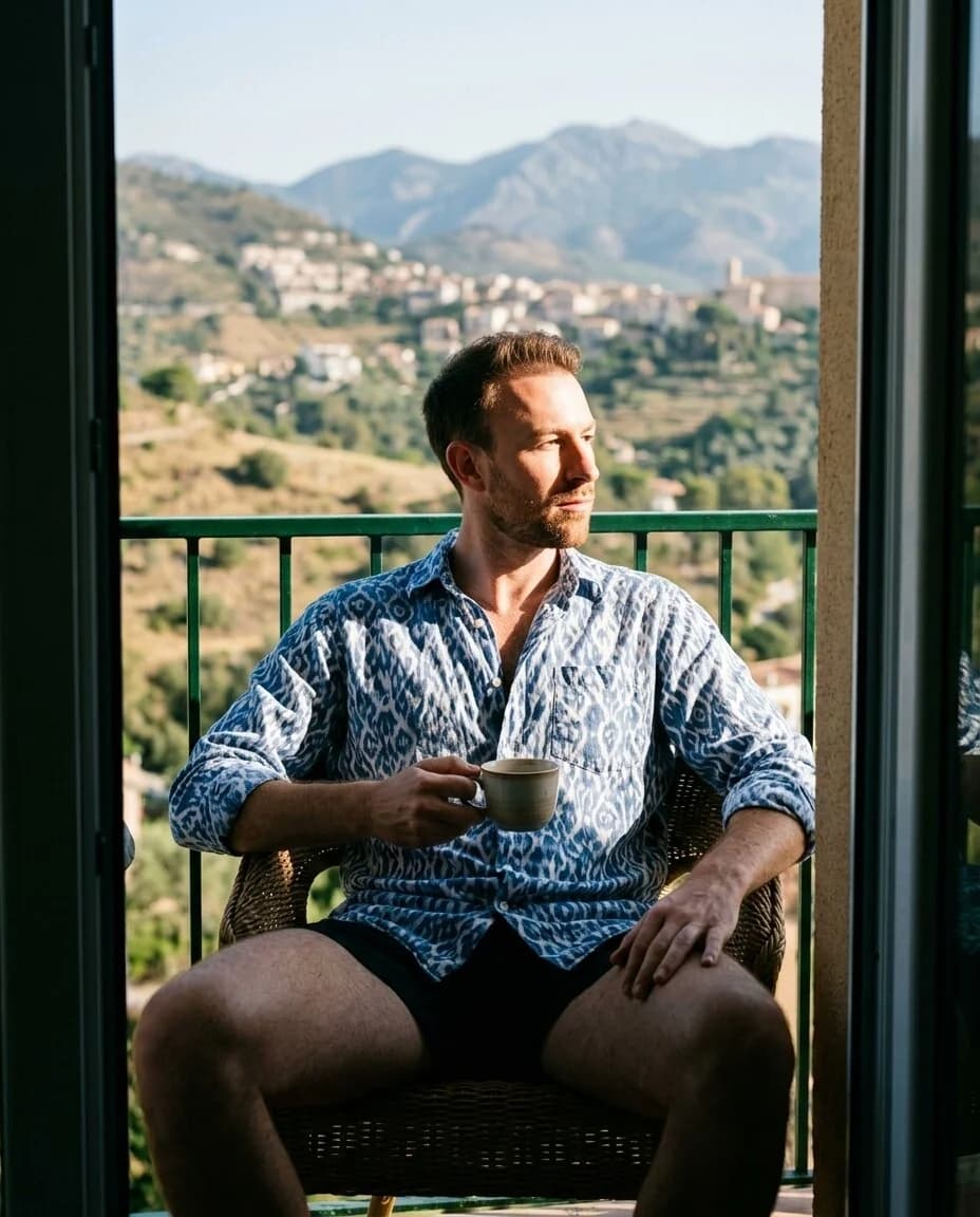 AI-generated dating photo: coffee on a balcony