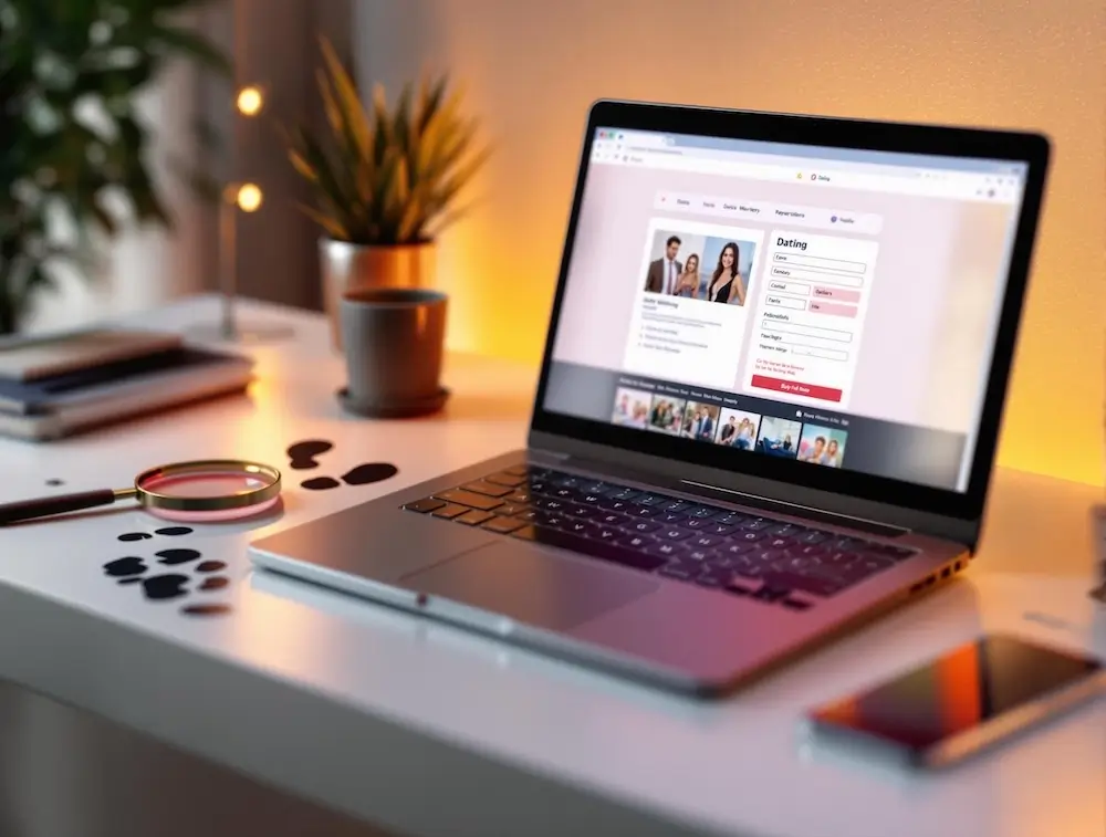 A magnifying glass on a desk next to a laptop displaying a dating website, symbolizing profile analysis and optimization.